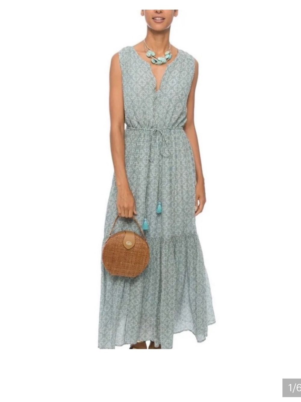 Roller rabbit lam gauri seafoam print cotton tassel tie preppy beachy maxi dress